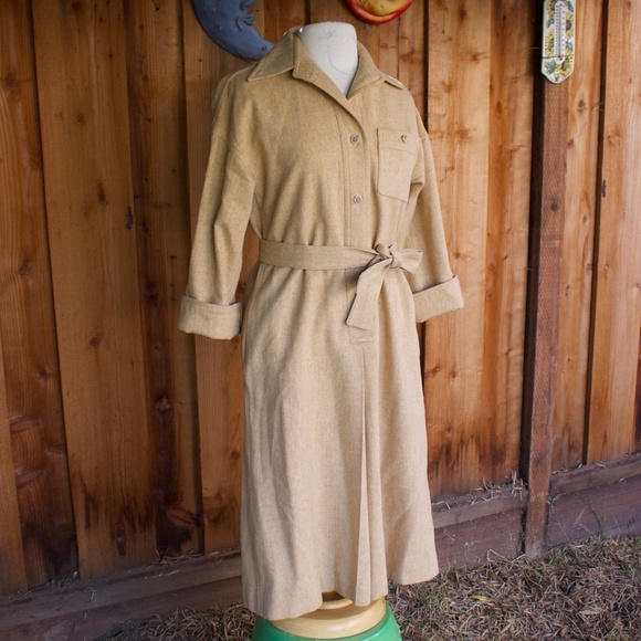 Vintage Handmade 100% Wool Button Down Oatmeal Belted Midi Shirt Dress Size S - Picture 11 of 16